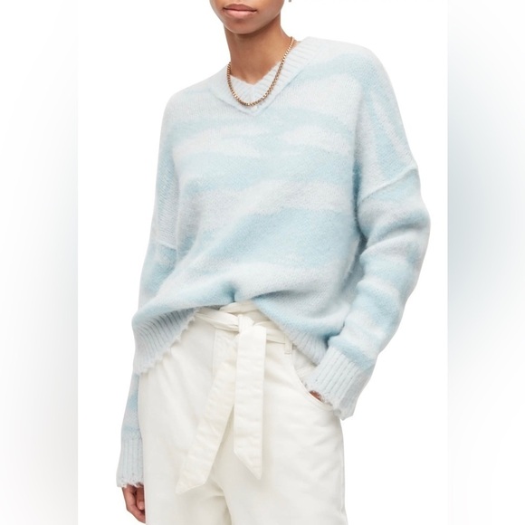 NEW All Saints Tiga Abstract V-Neck Sweater Cloud Burst Blue S - Picture 1 of 6